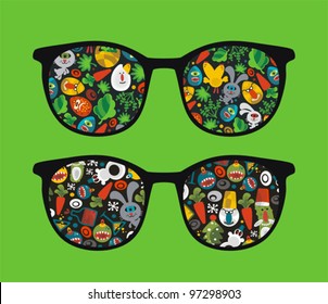 Retro eyeglasses with holidays reflection in it. Vector illustration of accessory.