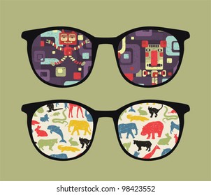 Retro eyeglasses with old school reflection in it. Vector illustration of accessory -  isolated sunglasses.