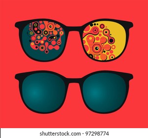 Retro eyeglasses with psychedelic reflection in it. Vector illustration of accessory.
