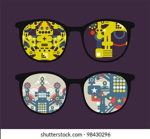 Retro eyeglasses with robots reflection in it. Vector illustration of accessory -  isolated sunglasses.