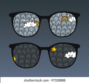 Retro eyeglasses with sky reflection in it. Vector illustration of accessory.