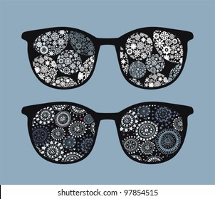 Retro eyeglasses with snowflakes  reflection in it. Vector illustration of accessory.