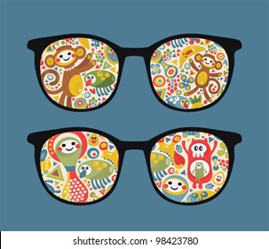 Retro eyeglasses with strange creatures reflection in it. Vector illustration of accessory -  isolated sunglasses.