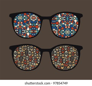 Retro eyeglasses with strange reflection in it. Vector illustration of accessory.