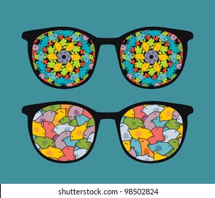 Retro eyeglasses with sweet birds reflection in it. Vector illustration of accessory -  isolated sunglasses.