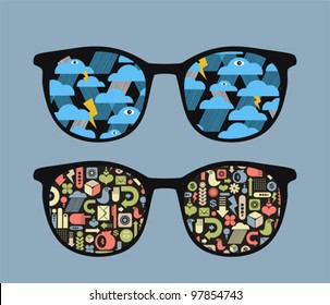 Retro eyeglasses with symbols reflection in it. Vector illustration of accessory.