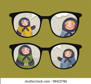 Retro eyeglasses with talking dolls reflection in it. Vector illustration of accessory -  isolated sunglasses.