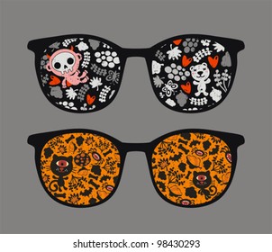 Retro eyeglasses with ugly reflection in it. Vector illustration of accessory -  isolated sunglasses.