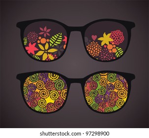 Retro eyeglasses with vintage reflection in it. Vector illustration of accessory.