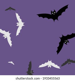 Retro Eyes Motion Spooky Flying Bats Art Pattern. Purple Creepy Colorful Night White Bats Vector Illustration. Violet Sky Gothic Scary Halloween Modern Design. Print Black Attack Grey Wallpaper.