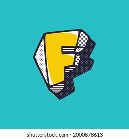 Retro 3d letter F logo with polka dot and striped pattern on the sides. Vector isometric font for kids labels, a magic toy company, impossible art posters, etc.