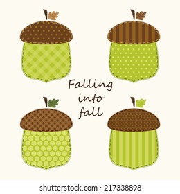 Retro fabric applique of cute acorns in shabby chic style