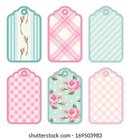Retro fabric tags with roses in shabby chic style isolated on white background 