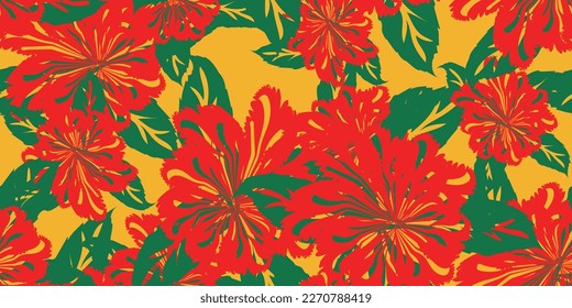 Retro fabric texture seamless pattern vector. Abstract green botanical foliage fashion. Exotic tropical leaf and flower