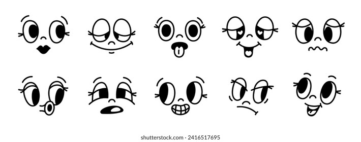 Expresiones de la cara retro. Diferentes emociones cómicas. Animación vintage divertida. Mascota de dibujos animados de los años 50 y 60. Emoji de caricatura alegre o infeliz. Emotismo de sonrisa