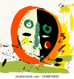 retro face illustration, modern art style, with circles, paint strokes and splashes