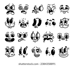 Retro faces. Cartoon vintage mascot, eye and mouth logo, funny comic smile stickers. Different emotional expressions, comics happy sad and surprised. Mascot face collection. Vector trendy design