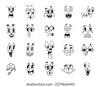 Retro faces, vintage mascot eyes and quirky mouth. Funny comic simple characters collection, animation logo collage, cute doodle drawing isolated elements. Vector cartoon current illustration