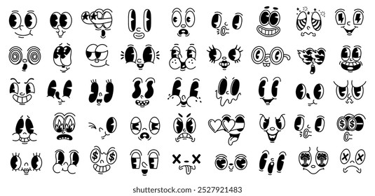 Retro facial expressions illustrating different emotions and reactions. The playful designs include characters expressing joy, sadness, surprise, and more.