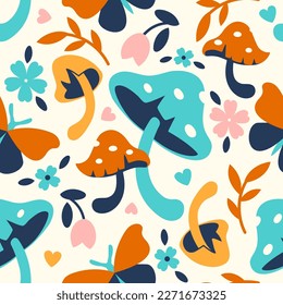 Retro fall or spring seamless pattern with little mushrooms, herbs and flowers. Bloom concept. Tile flat illustration