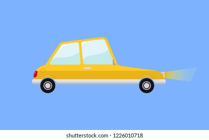 Retro Familly Yellow Car In Funny Cartoon Style