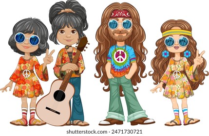 Retro family in colorful hippie attire