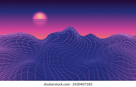 Retro fantastic background in 80s style. Vector mountain wireframe landscape with night sky and vintage blurred sunset. Futuristic dark blue neon grid scenery. Retro Sci-Fi vector backdrop.