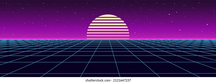 Retro fantastic background of the 80s. Vector wireframe landscape with night sky and sunset . Futuristic blue neon scenery.