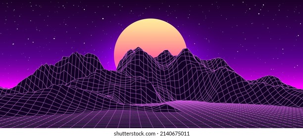 Retro fantastic background of the 80s. Vector mountain wireframe landscape with night sky and sunset . Futuristic blue neon scenery.