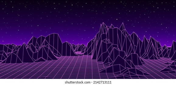 Retro fantastic background of the 80s. Vector mountain wireframe landscape with night sky and sunset . Futuristic blue neon scenery.