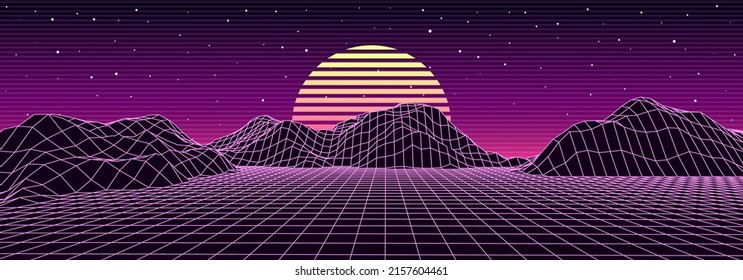 Retro fantastischer Hintergrund der 80er Jahre. Vektorgebirgslandschaft mit Nachthimmel und Sonnenuntergang. Futuristische blaue Neonlandschaft.