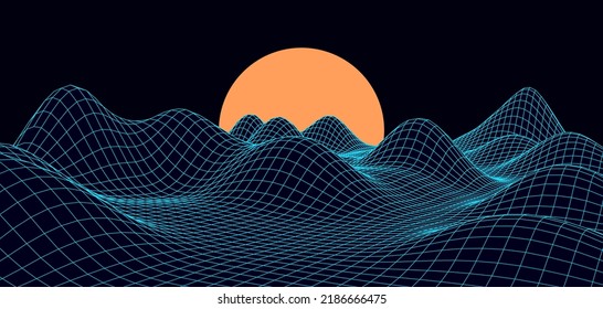 Retro fantastic background of the 80s. Vector mountain wireframe landscape with night sky and sunset . Futuristic blue neon scenery.