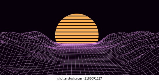 Retro fantastic background of the 80s. Vector mountain wireframe landscape with night sky and sunset . Futuristic blue neon scenery.