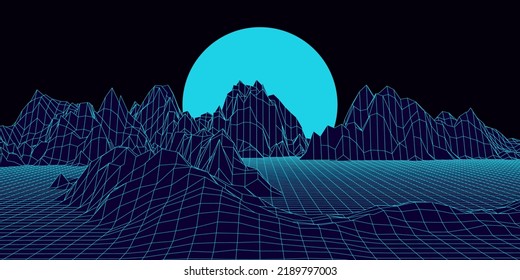 Retro fantastic background of the 80s. Vector mountain wireframe landscape with night sky and sunset . Futuristic blue neon scenery.