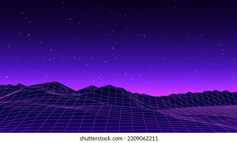 Retro fantastic background of the 80s. Vector mountain wireframe landscape with night sky. Futuristic blue neon scenery.