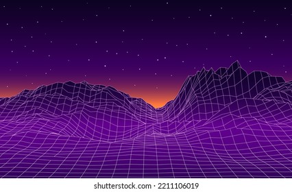 Retro fantastic background of the 80s. Vector mountain wireframe landscape with night sky. Futuristic blue neon scenery.