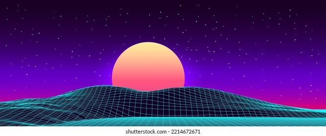 Retro fantastischer Hintergrund der 80er Jahre. Vektorgebirgslandschaft mit Nachthimmel und Sonnenuntergang. Futuristische blaue Neonlandschaft.