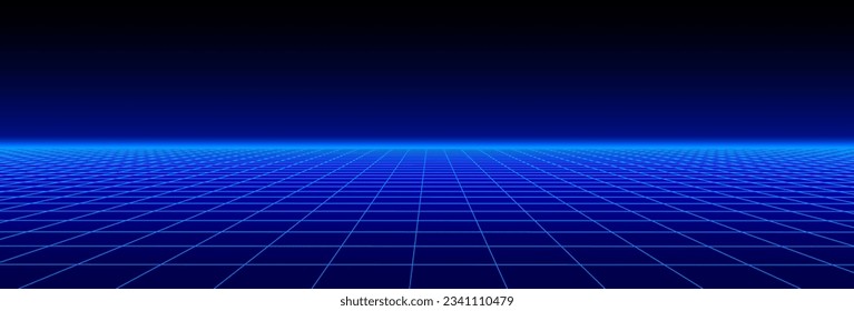 Retro fantastic background of the 80s. Vector wireframe landscape with night sky. Futuristic blue neon scenery.