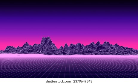 Retro fantastic background of the 80s. Vector mountain wireframe landscape with night sky. Futuristic blue neon scenery.