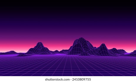 Retro fantastic background of the 80s. Vector mountain wireframe landscape with night sky. Futuristic blue neon scenery.