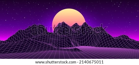 Retro fantastic background of the 80s. Vector mountain wireframe landscape with night sky and sunset . Futuristic blue neon scenery.