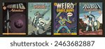 Retro Fantastic Comics Covers. Astronauts, Extraterrestrial Monster, Planets, Space. 1950s - 1960s Comic Books Style Illustrations 