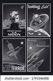 Retro Fantastic Movie Poster Set, Space Rockets, Orbital Stations, Lunar Landing, Moon, Saturn, Alien Planets