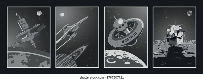 Retro Fantastic Movie Style Illustrations, Retro Future Spacecraft, Rocket, Orbital Station, Celestial Bodies