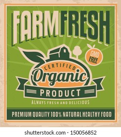 Retro farm fresh food concept. Vector design for gmo free organic products on old paper texture. Vintage label for premium quality 100 % natural healthy fruits. 