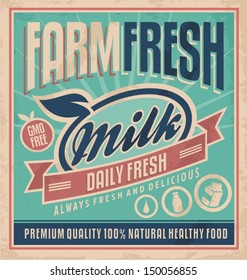 Retro farm fresh milk concept. Vector design for gmo free organic products on old paper texture. Vintage label for premium quality 100 % natural healthy food.