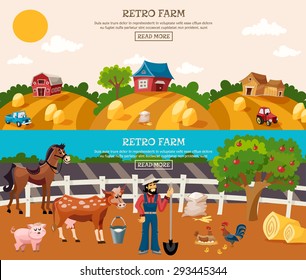 Retro farm horizontal banner set with farmer and animals isolated vector illustration