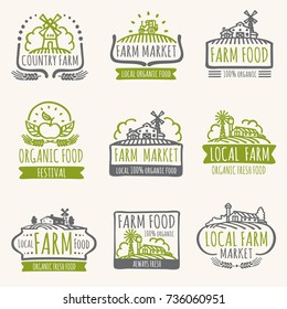 Retro farm market signs. Vintage fresh organic food vector labels with harvest field. Illustration of farm organic label for natural product