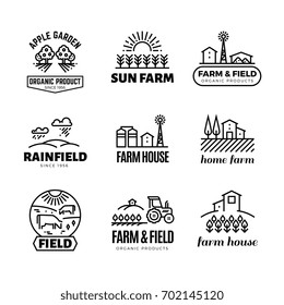 Retro farm and organic products vector emblems and logos. Vintage line farming labels. Emblem farm house, apple garden illustration