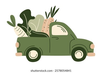 Retro farm pickup truck filled fresh grocery products from supermarket or farmer market. Organic fresh vegetables in the car for eco-friendly design of food delivery, Vector illustration in flat style